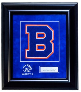 Frame Example - Black frame with blue matting and bronco athletic logo