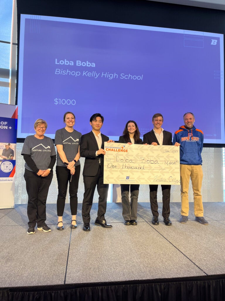 Loba Boba, 1st Place Products and Services Track at High School Idaho Entrepreneur Challenge 2024 with check and event organizers