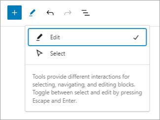 Block editor edit and select options in top toolbar