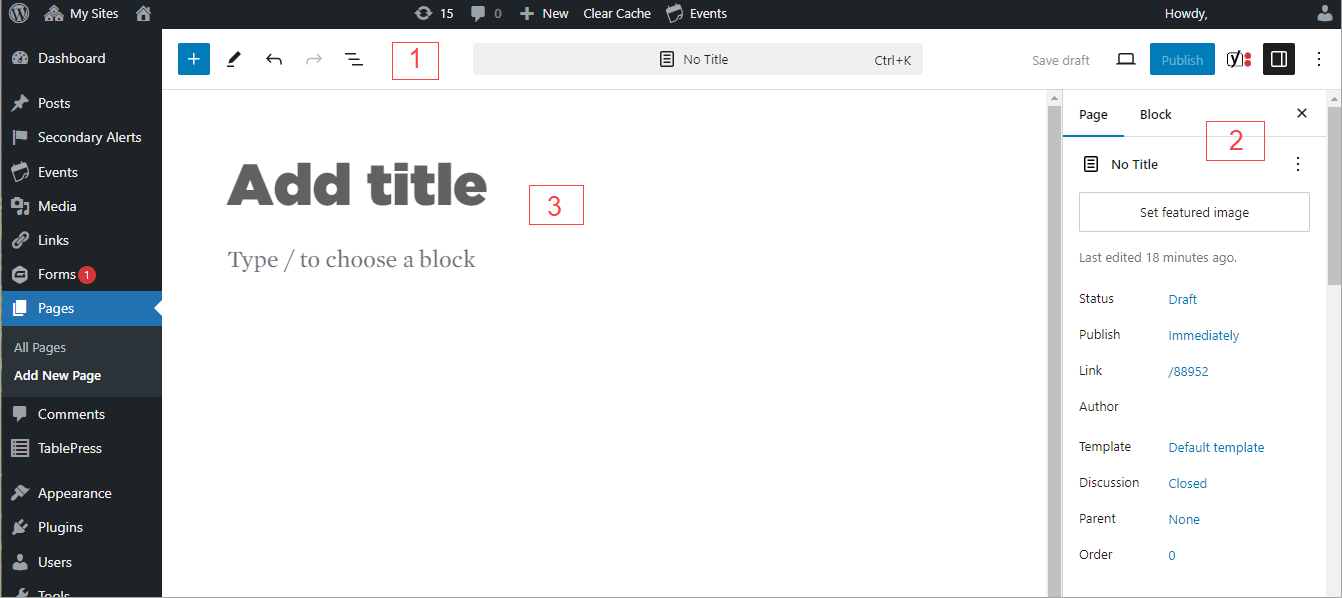 Block editor with administrator navigation displayed.