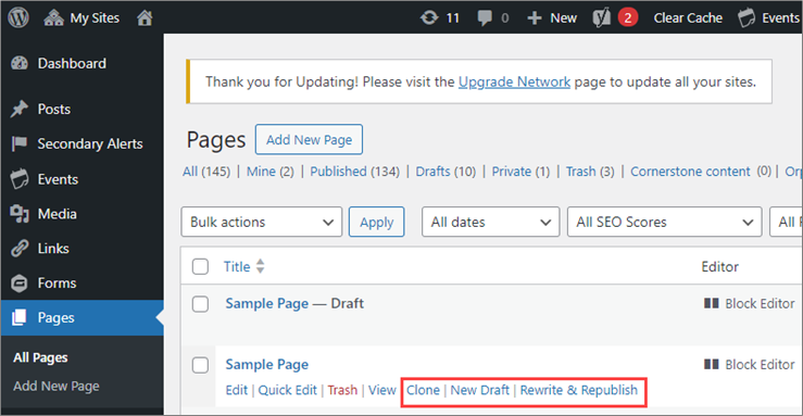 Image of how to select clone, new draft, or re-write and republish in the All Pages view of WordPress.