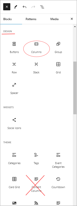 Columns Block under Design category in block inserter