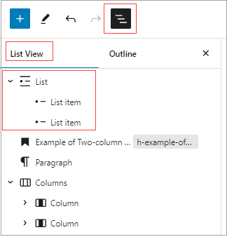 List Block in WordPress, Document Overview view.