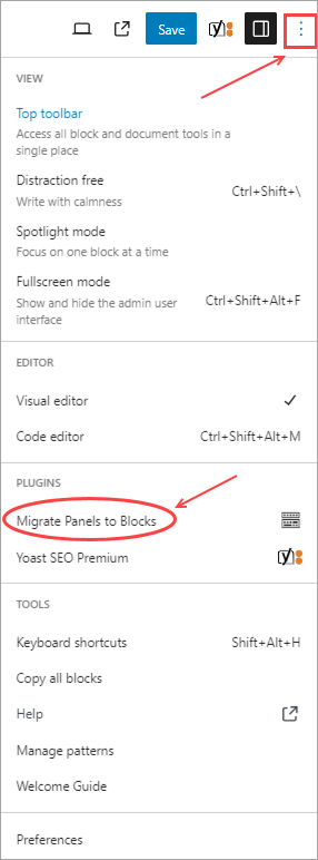 Options Menu in Block Editor opened to display Migrate Panels to Blocks 