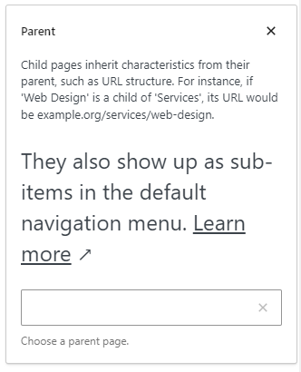 Image of the field where the wordpress admin selects parent page for section navigation.