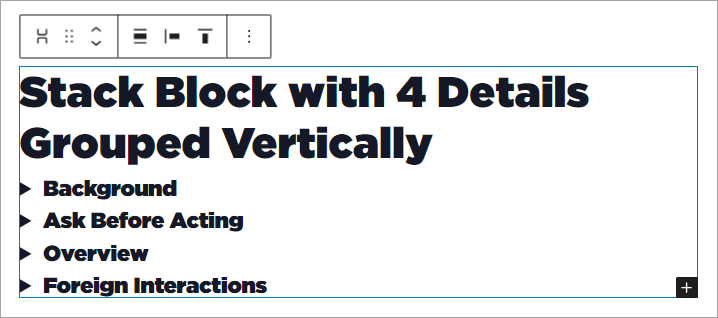 Stack Block with 4 Details Grouped Vertically and toolbar