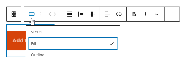 Button Block toolbar, clicking on single button makes button styling option display.