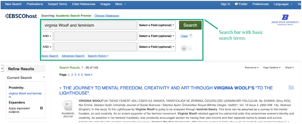 A screen capture of search results on EBSCOhost. Green highlighting points out the search function, with the caption "Search bar with basic search terms." In the highlighted search bar is the query "virginia Woolf and feminism." Below are search results, with text matching the search term(s) in bold.