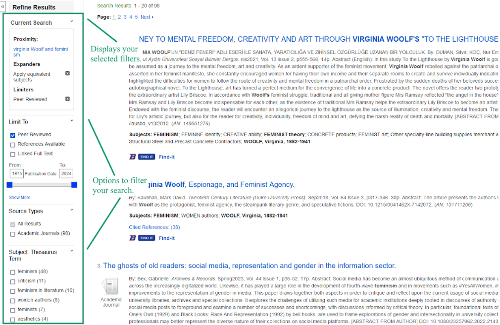 Another screen capture of EBSCOhost, this time with green highlighting pointing out the refine results area to the left. The first caption, located at the top, points to the "Current Search" box and reads "Displays your selected filters." The second caption, pointing to the "Limit To" and "Subject" boxes, reads "Options to filter your search."